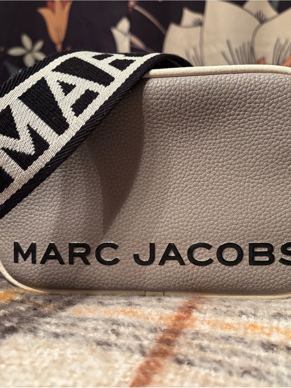 Marc Jacobs Pebbled Leather Crossbody in Taupe with Black Logo Strap
